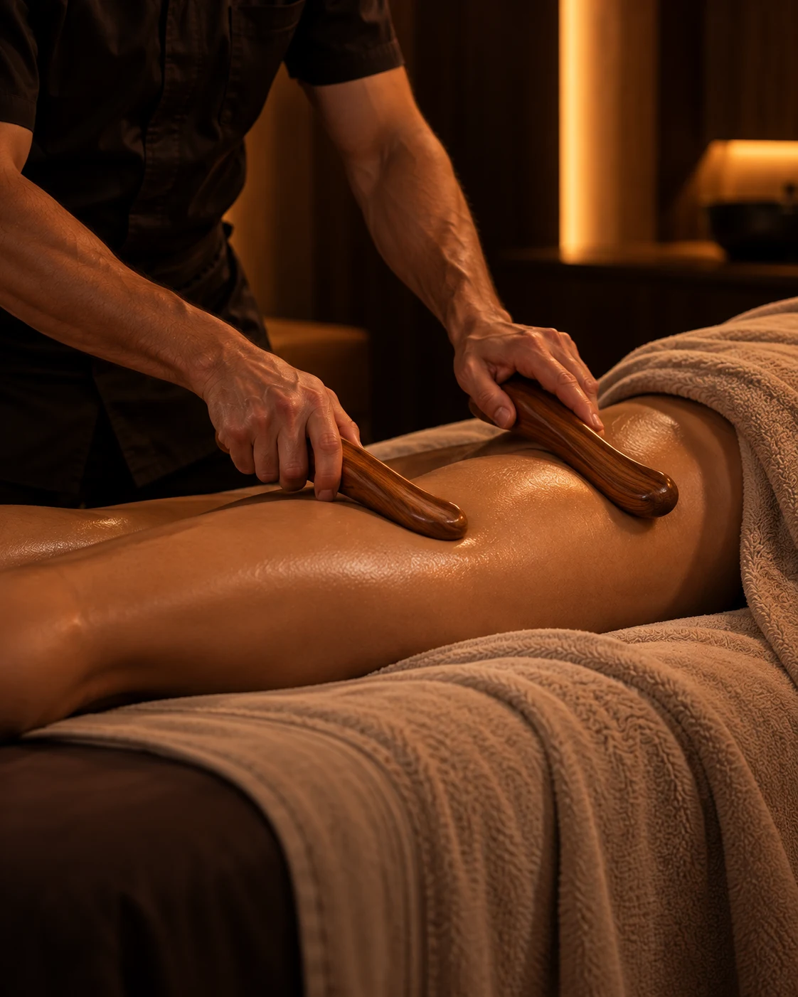 Profissional utiliza duas pantalas curvas de madeira durante massagem na coxa.