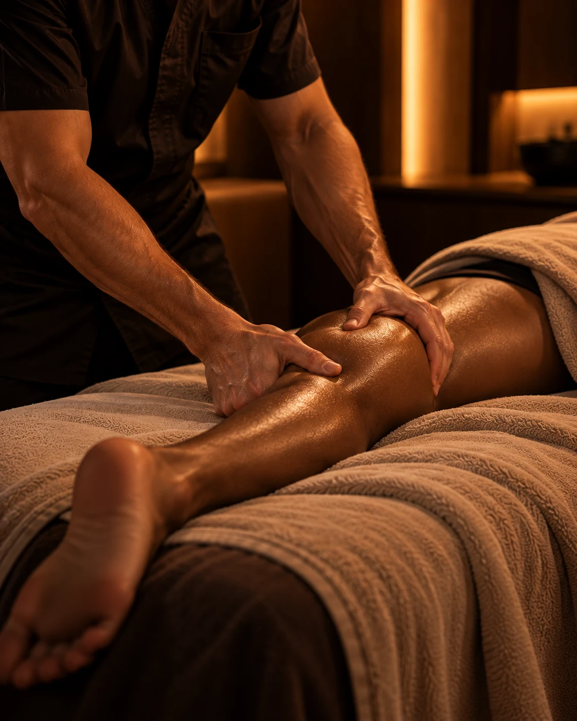 Profissional realiza massagem desportiva na panturrilha de uma pessoa em roupa esportiva.