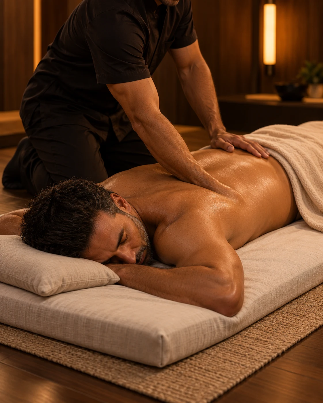 Profissional realiza massagem com o antebraço em pessoa deitada sobre colchonete no chão.
