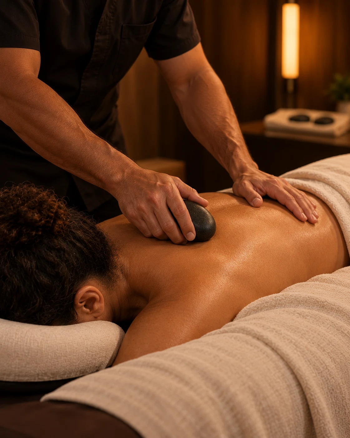 Profissional utiliza uma pedra aquecida como extensão da mão durante massagem nas costas.