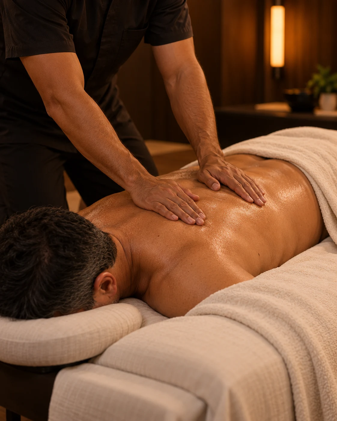 Profissional realiza movimentos lentos com as duas mãos durante massagem nas costas.