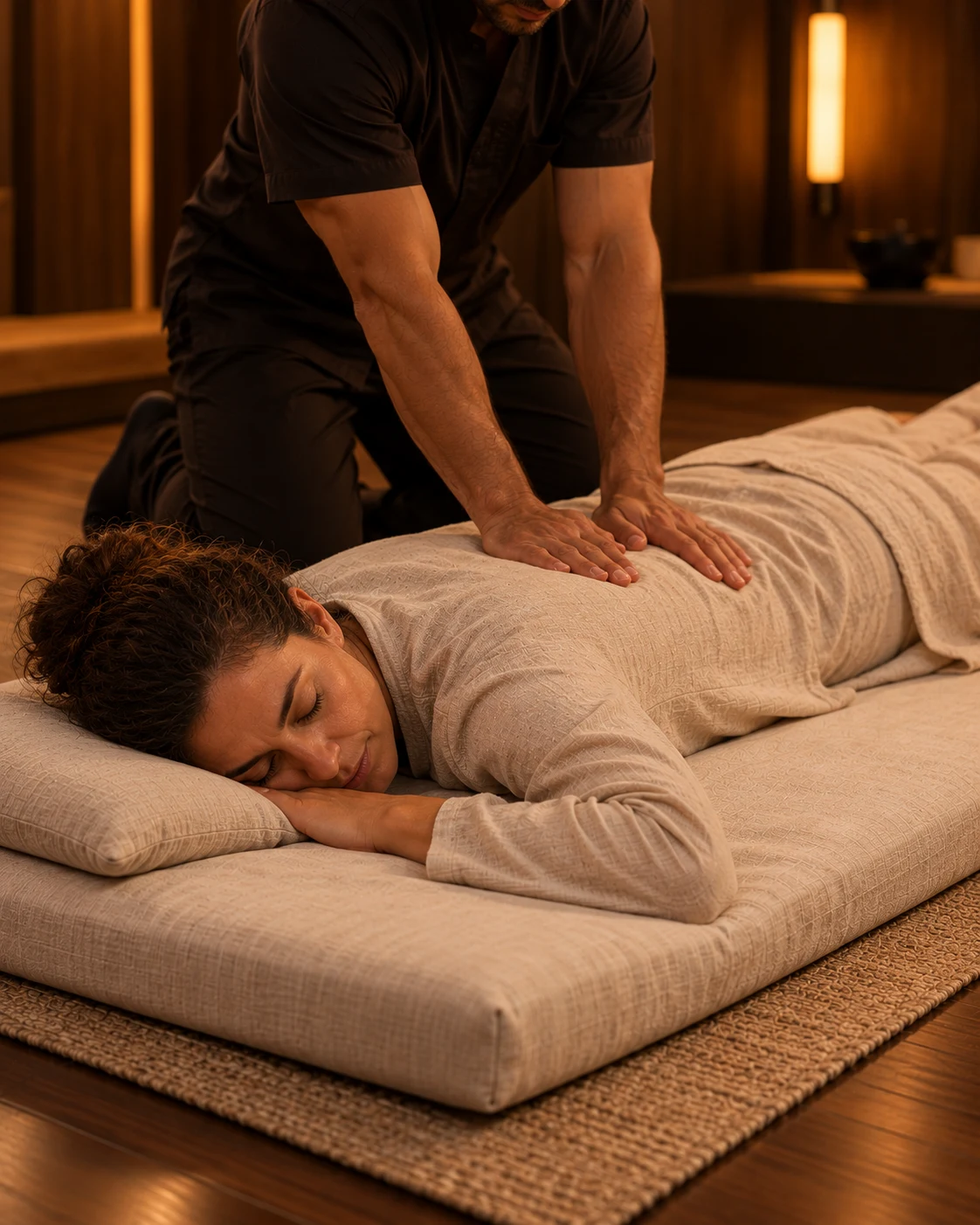 Profissional aplica pressão com as palmas durante sessão de shiatsu em pessoa vestida sobre futon.